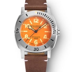 Nivada Grenchen Depthmaster Numerals Orange - Brown Leather White Stitching