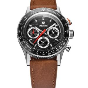 Nivada Grenchen Chronoking Mecaquartz Racing Black - Inter. Bezel - Brown Leather