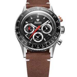 Nivada Grenchen Chronoking Mecaquartz Racing Black - Inter. Bezel - Brown Leather White Stitching