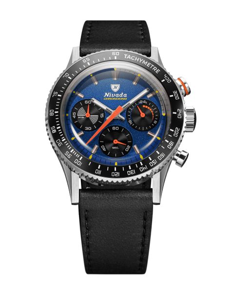 Nivada Grenchen Chronoking Mecaquartz Racing Blue - Inter. Bezel - Black Leather