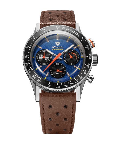 Nivada Grenchen Chronoking Mecaquartz Racing Blue - Inter. Bezel - Brown Racing Strap