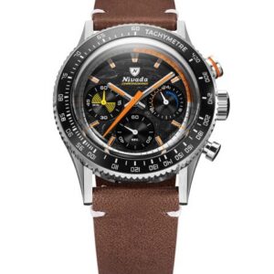 Nivada Grenchen Chronoking Mecaquartz Racing Carbon - Inter. Bezel - Brown Leather White Stitching