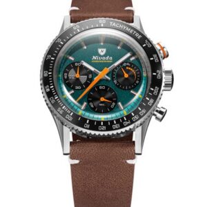 Nivada Grenchen Chronoking Mecaquartz Racing Green - Inter. Bezel - Brown Leather White Stitching