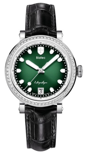 Biatec Magnifique 04 - Černý kožený řemínek se vzorem aligátora - Se sponou z nerezové oceli 316L