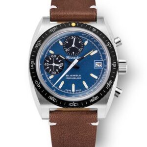 Nivada Grenchen Autochron Blue Automatic - Brown Leather White Stitching