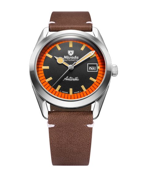 Nivada Grenchen Super Antarctic Black & Orange - 38 mm Date - Brown Leather White Stitching