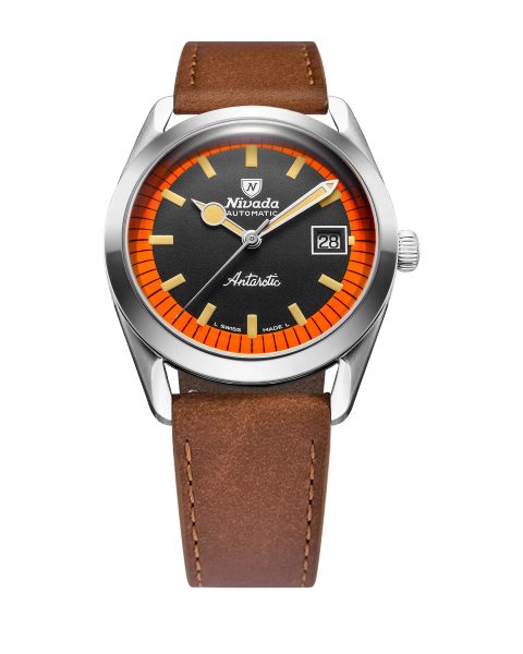 Nivada Grenchen Super Antarctic Black & Orange - 38 mm Date - Brown Leather