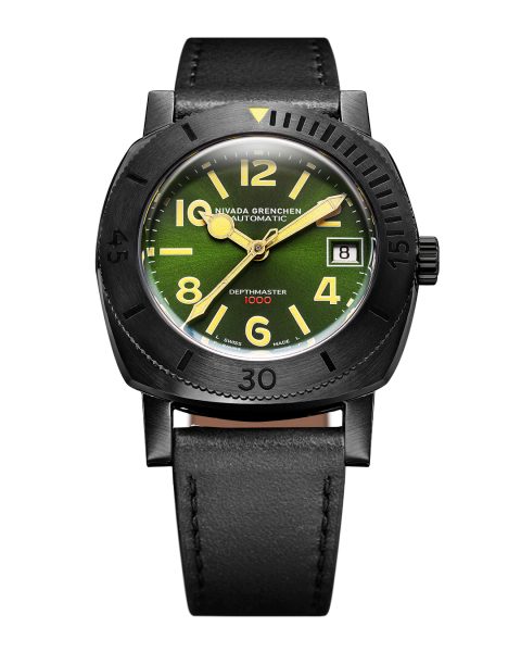 Nivada Grenchen Depthmaster Numerals - Black and Green - Black Leather